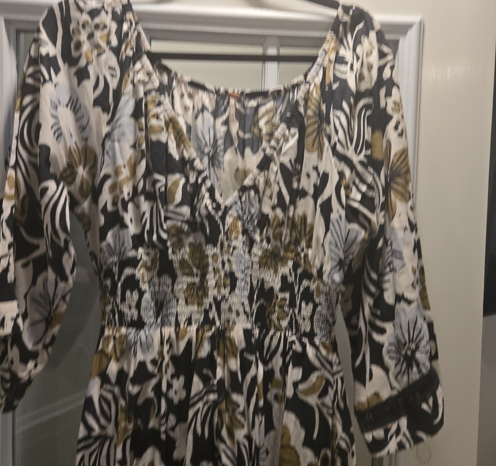 Free People Black and White Floral Smocked Waist Dress